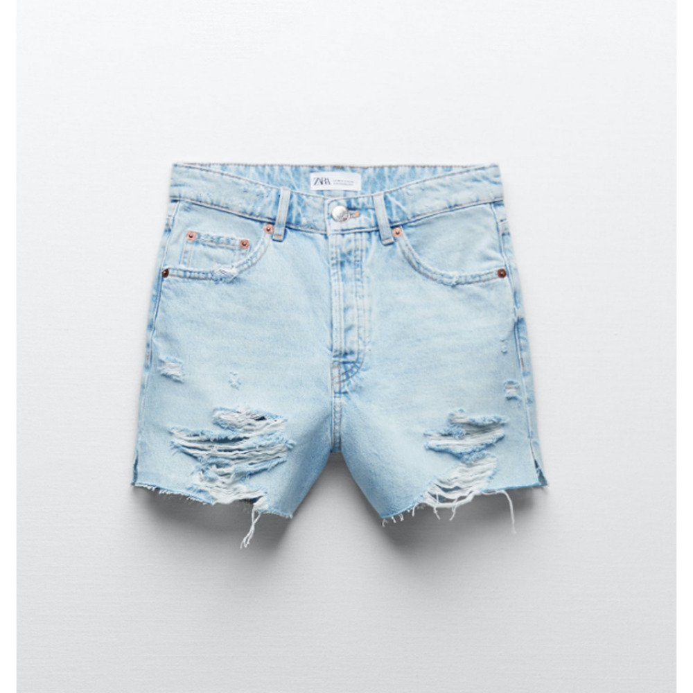 ZARA Straight Fit Split Shorts High Rise Button Fly Distressed Size 4 - Picture 10 of 12